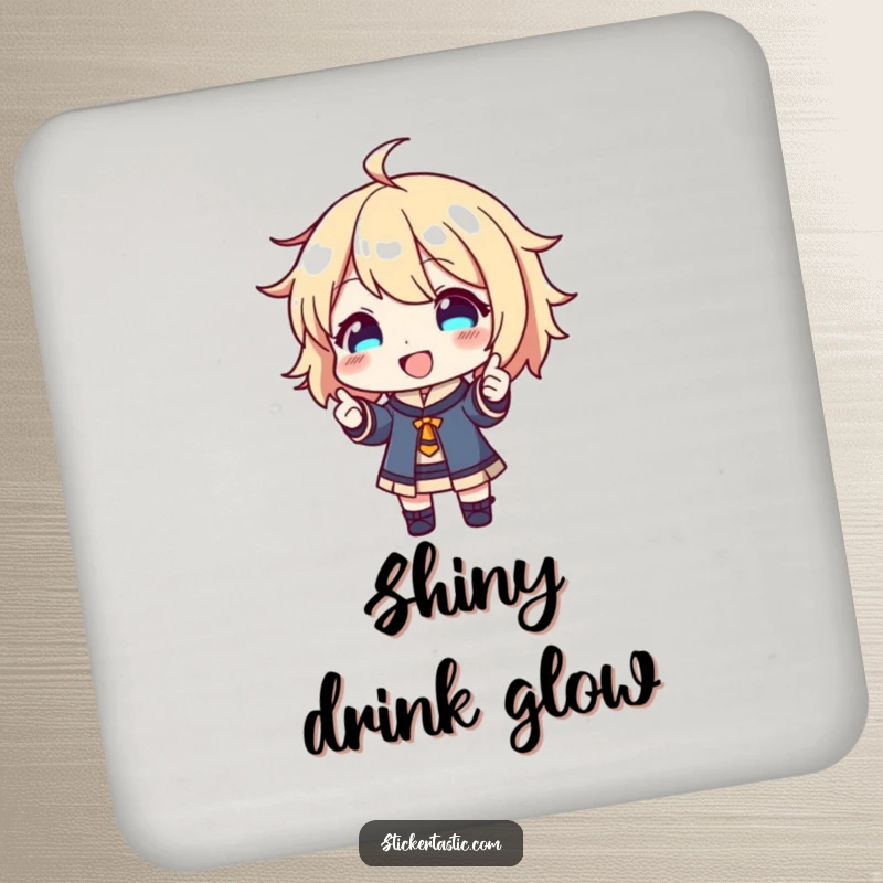 Funny Coaster: Happy character proudly showing off a shiny new sticker, looking joyful. Great funny gift.