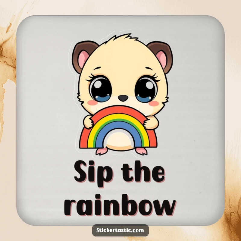 Funny coaster with a small creature sporting wide eyes, holding a rainbow sticker, protecting surfaces with whimsical charm.