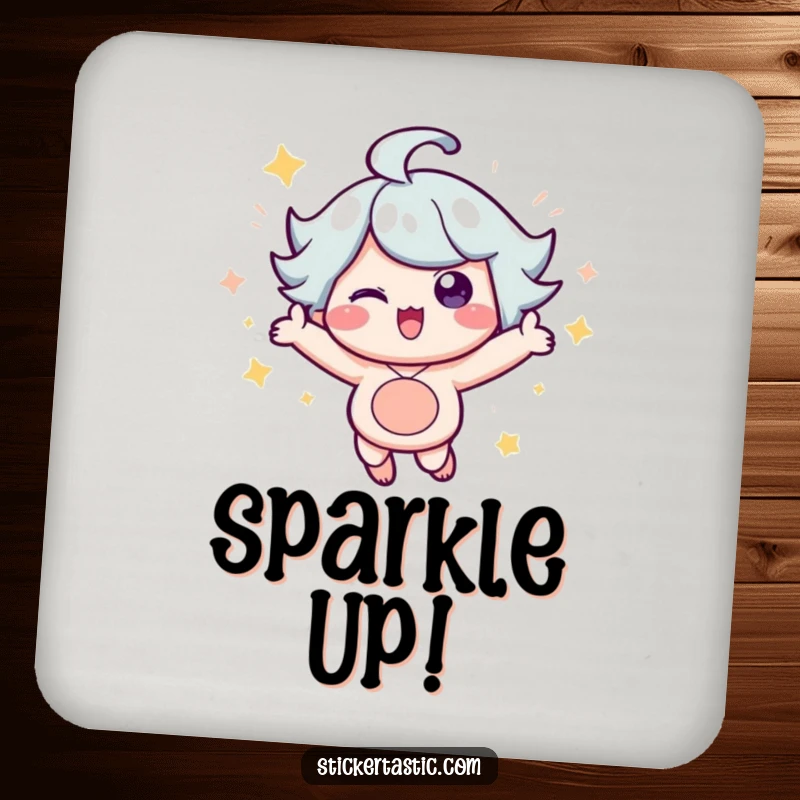 Funny Coaster: A happy character bouncing with energy, surrounded by sparkling effects, adding fun to any drink setting. Great funny gift.