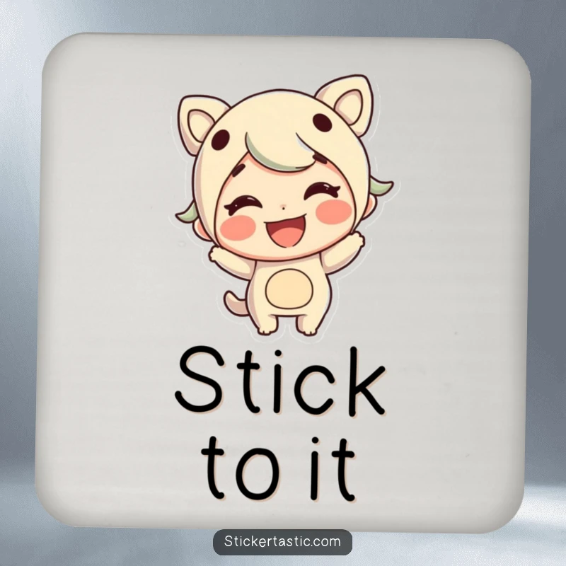 Funny set of drink coasters featuring a cheerful character grinning while sticking a large sticker, for protection.