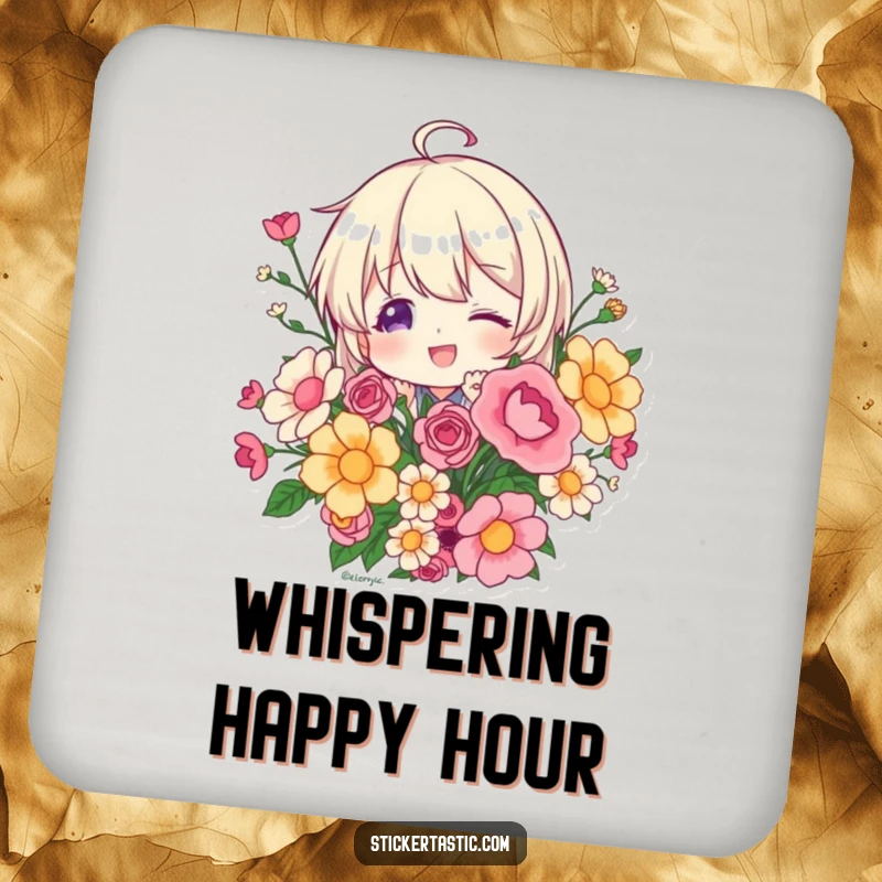 Funny character playfully peeking from behind a sticker bouquet on a drink coaster, bringing playful charm and protecting surfaces, a cute gift.
