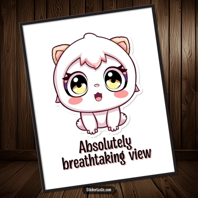 Funny poster of a character with wide eyes, expressing awe while looking at a sticker, celebrating discovery.