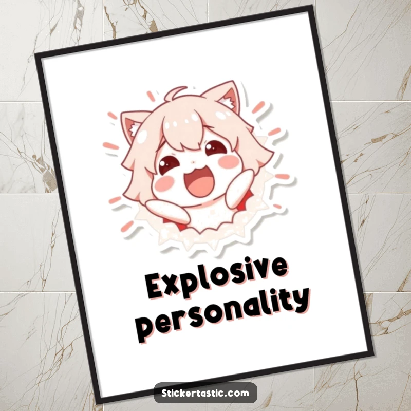 Funny Poster: Excited character bursting out of a sticker with an ecstatic expression. Perfect funny gift.