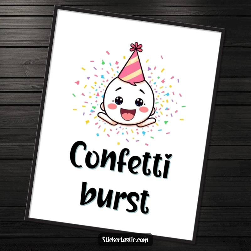 Funny poster art of a happy cartoon character with a party hat, erupting in a joyful, vibrant explosion of colorful confetti.