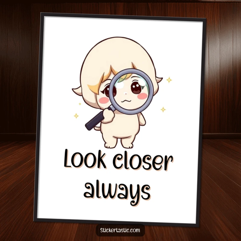 Funny poster illustrating a curious character examining a sparkle with a magnifying glass, adding humorous detail.