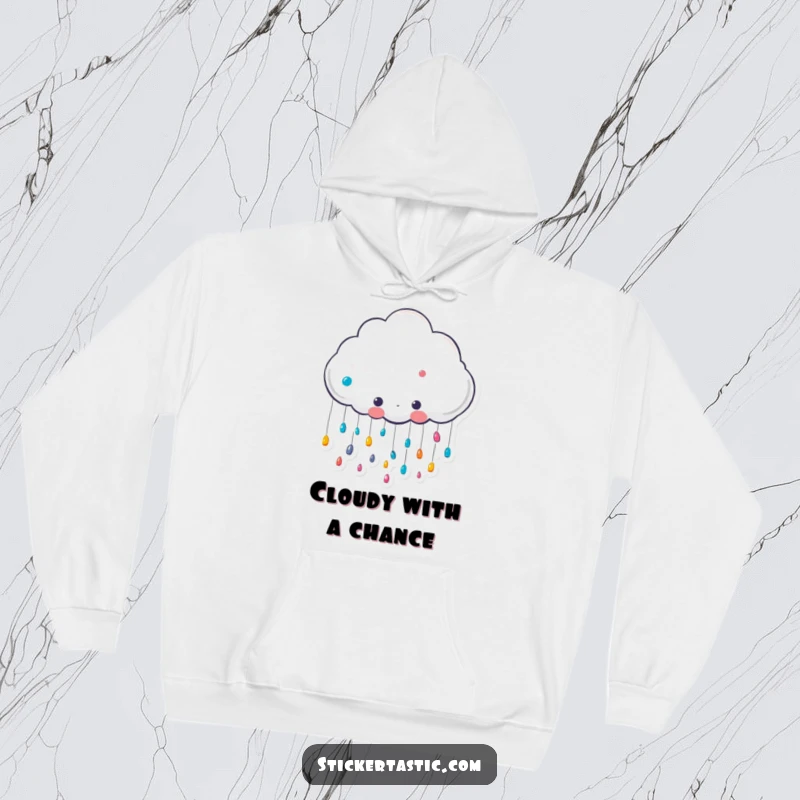 Funny cute cloud character raining colorful stickers hoodie, a happy cloud showering stickers, ideal for warm, humorous, and whimsical wear.
