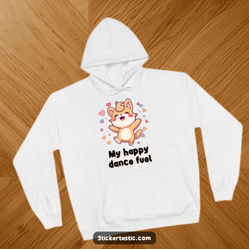 Funny Hoodie: Cozy creature bounces with glee, surrounded by a colorful storm of stickers, pure delight.