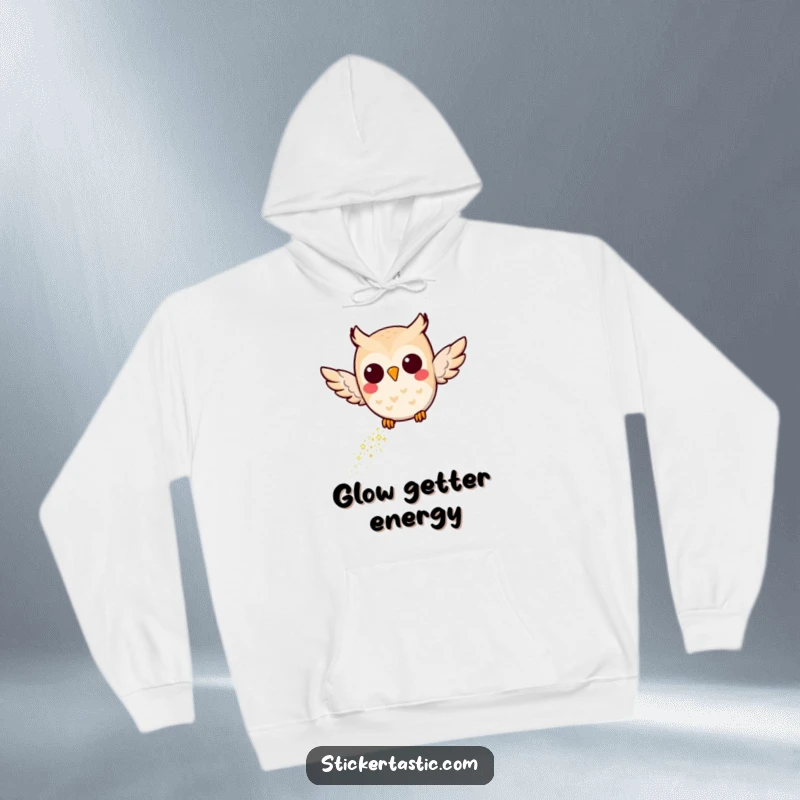 Funny Joyful Owl Hoodie: A soft hoodie featuring a joyful owl soaring with a trail of sparkling glitter, bringing magic and warmth.