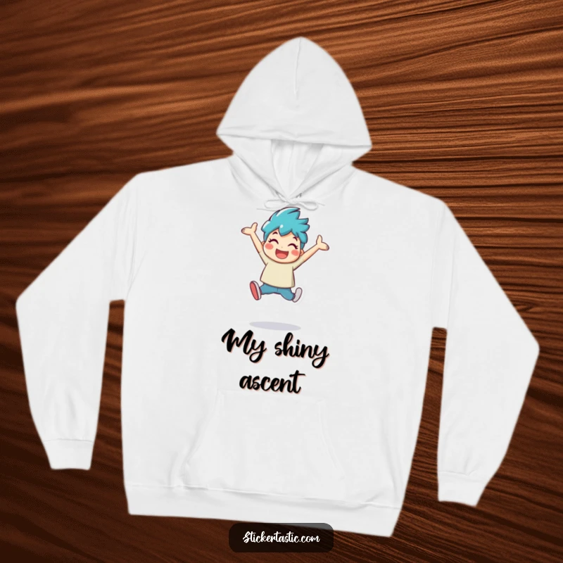 Funny character leaping with a large, shiny sticker on a soft hoodie, embodying excitement and warmth.