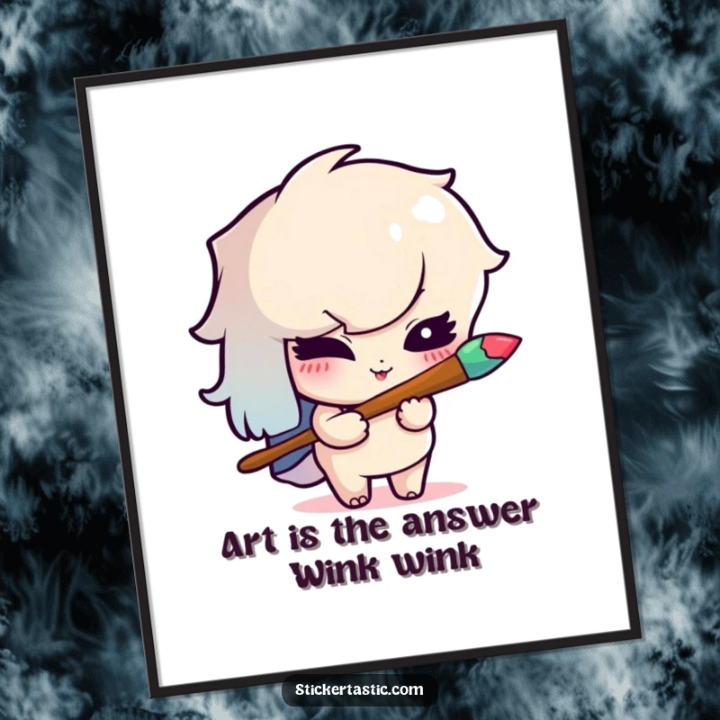 Funny Free Printable Wall Art: A mischievous character winks playfully while holding a vibrant rainbow paintbrush, ready to paint.