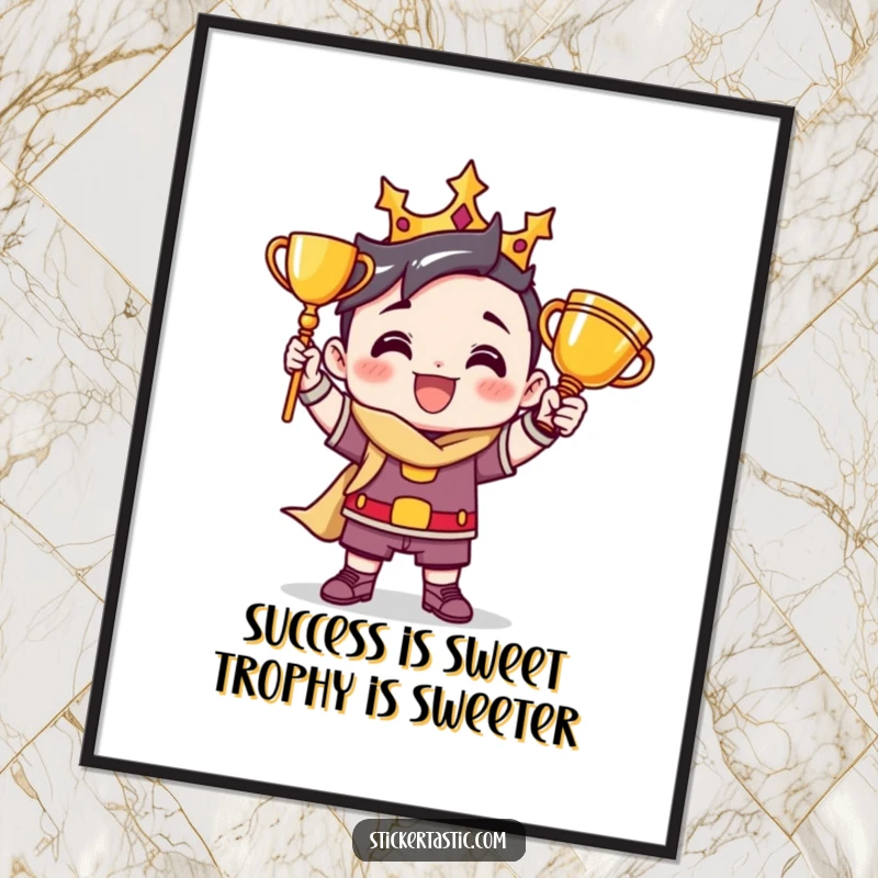 Funny Free Printable Wall Art: A triumphant character striking a victorious pose while holding a shining golden trophy.