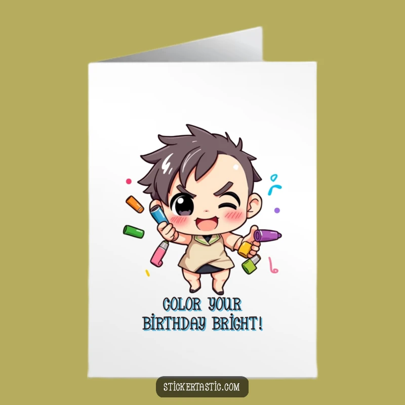 Free Printable Birthday Card: Juggling Markers Character for Creative Fun