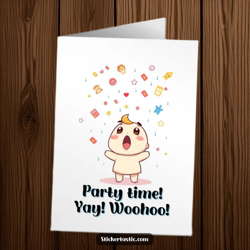 Funny Free Printable Birthday Card: Surprised character looks up as stickers rain down, downloadable delightful shock.