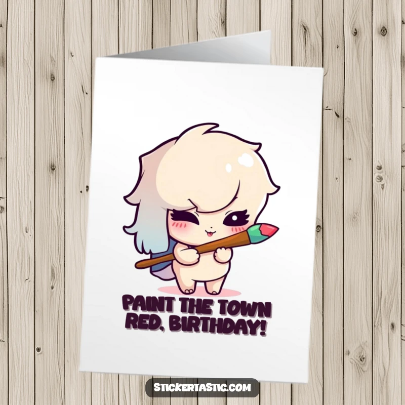 Funny Free Printable Birthday Card: A mischievous character winks mischievously while holding a rainbow paintbrush, ready to create.