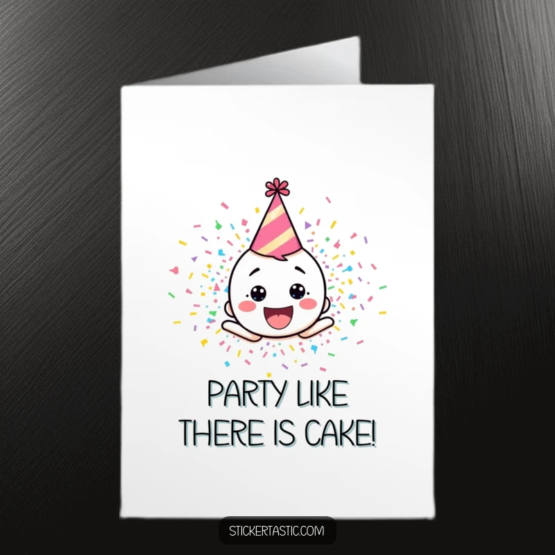 Funny Free Printable Birthday Card: A happy cartoon character in a party hat exploding in a shower of colorful confetti.