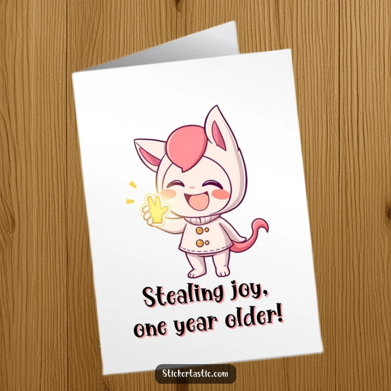 Funny Free Printable Birthday Card featuring a mischievous character giggling while giving a glowing sticker, perfect for a playful downloadable gift.