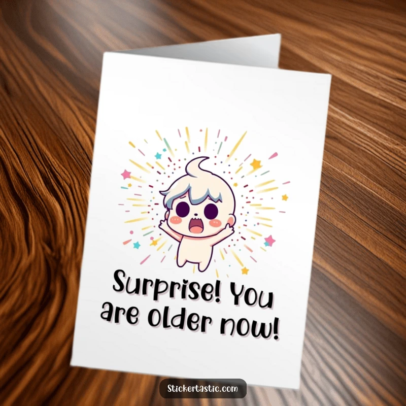 Funny Free Printable Birthday Card: A surprised character recoiling in shock from a sudden, colorful glitter bomb explosion.