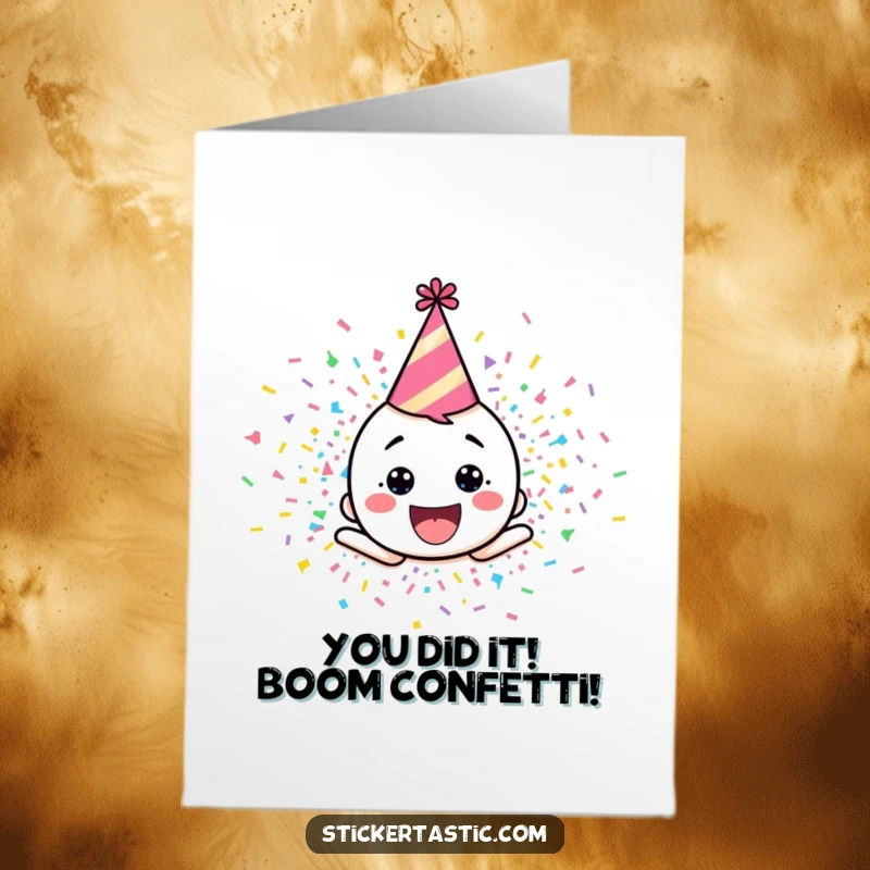 Funny Free Printable Congratulations Card: A happy character in a party hat erupting in colorful confetti to celebrate success.