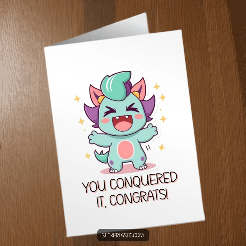 Funny Free Printable Congrats Card: Character roaring victoriously, showered in glittering sparkles, celebrating a grand accomplishment.