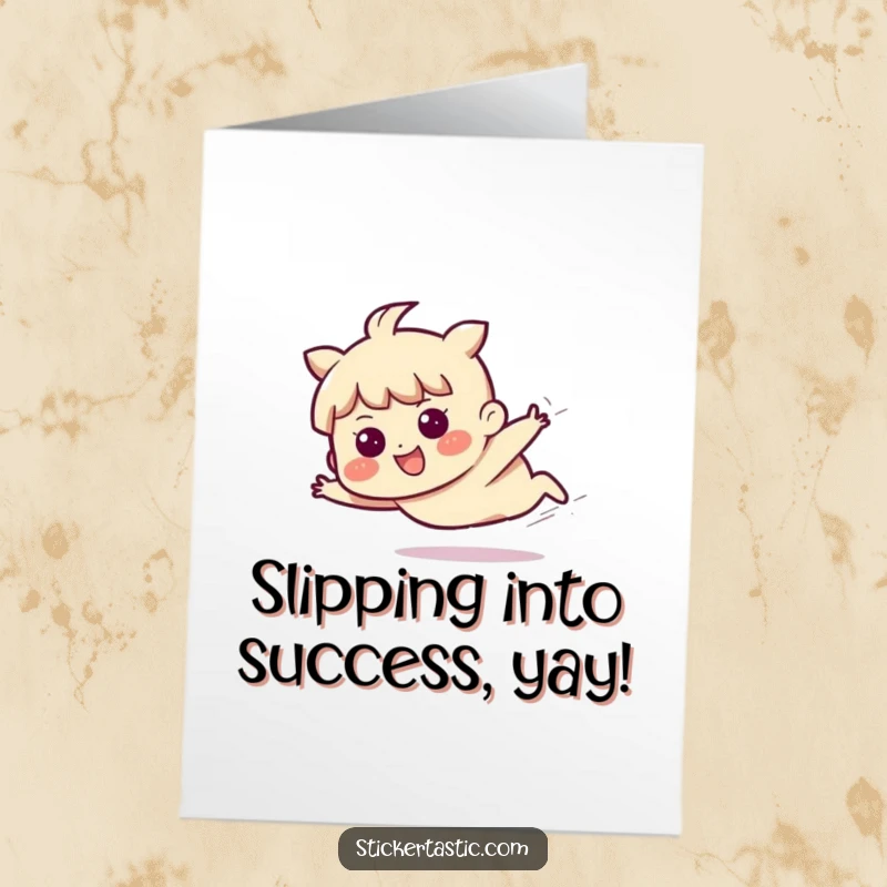 Funny Free Printable Congratulations Card: A character slides purposefully, their happy and determined expression signaling a successful journey.