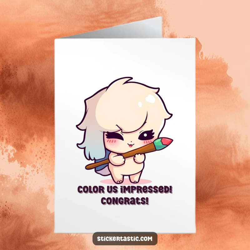 Funny Free Printable Congratulations Card: A mischievous character winks while holding a rainbow paintbrush, celebrating a creative success.