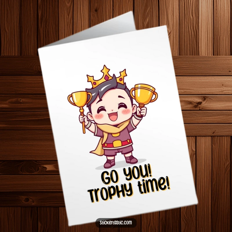 Funny Free Printable Congratulations Card: A victorious character with a trophy striking a triumphant pose, celebrating an achievement.