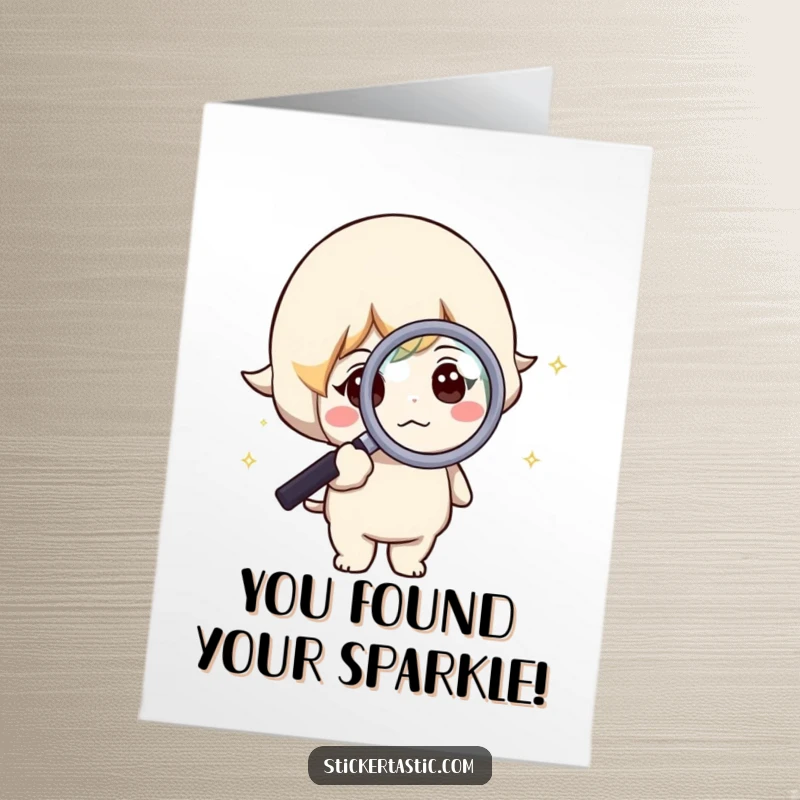 Funny Free Printable Congratulations Card: A curious character intensely studying a bright sparkle with a magnifying glass.