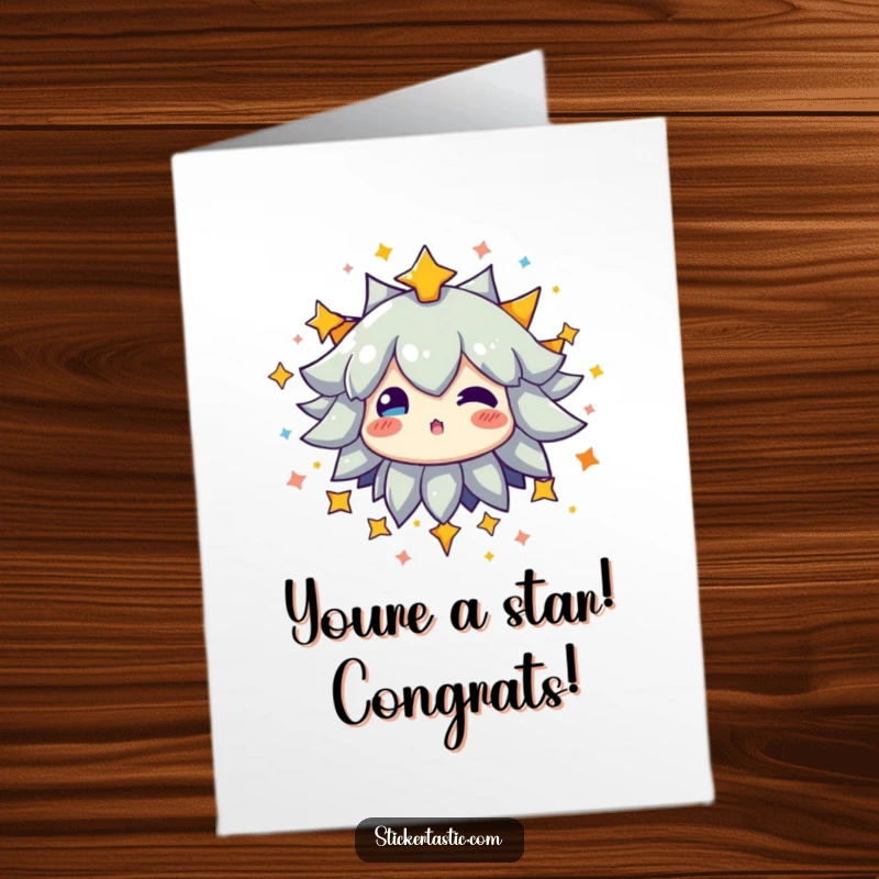 Funny Free Printable Congratulations Card: A character explodes with joy, encircled by a spectacular array of bright, colorful stars.