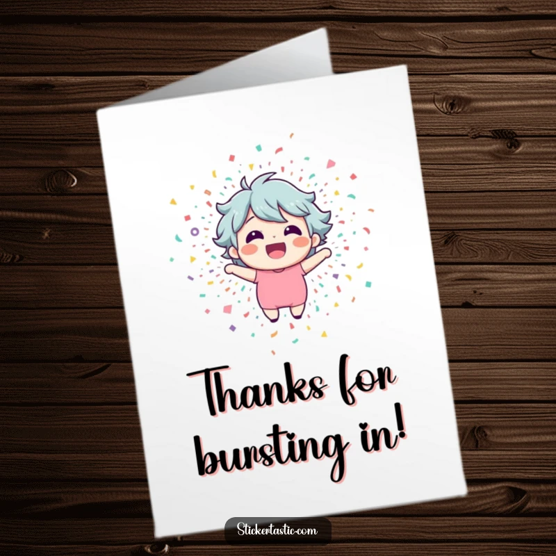 Funny Free Printable Thank You Card: A happy character erupting from a dazzling confetti explosion.