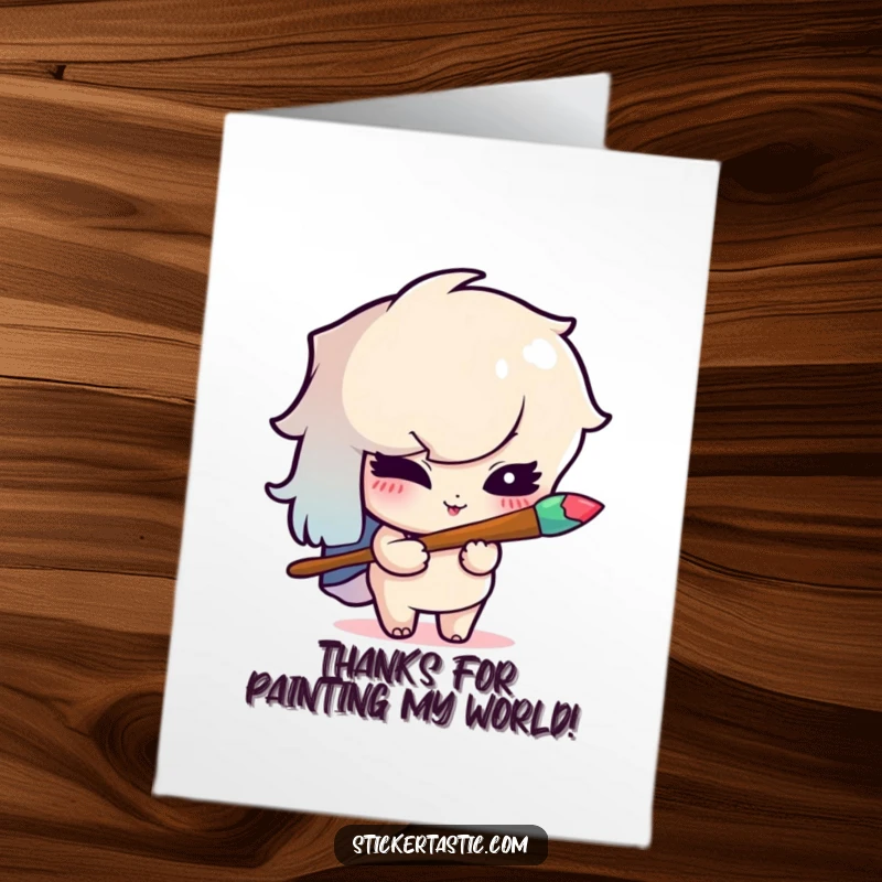 Funny Free Printable Thank You Card: A mischievous character winks while holding a rainbow paintbrush, expressing thanks for colorful contributions.