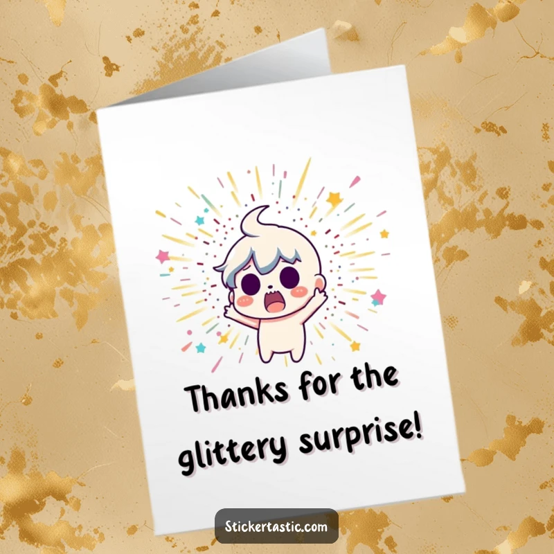 Funny Free Printable Thank You Card: A surprised character recoiling from a glitter bomb explosion, symbolizing a shocking level of gratitude.