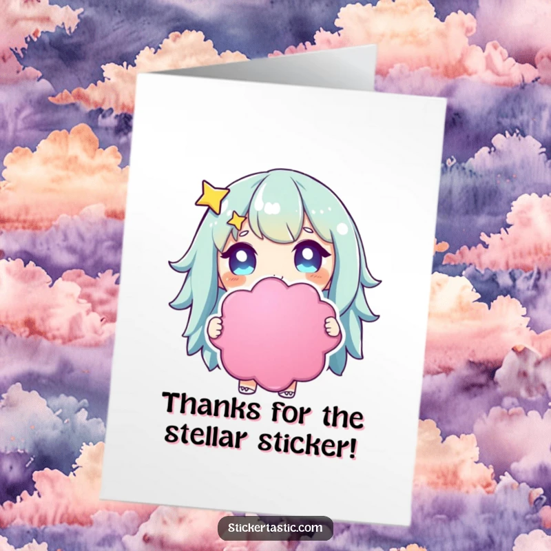 Free Printable Thank You Card: A character with bright stars in its eyes holds a large, colorful sticker.