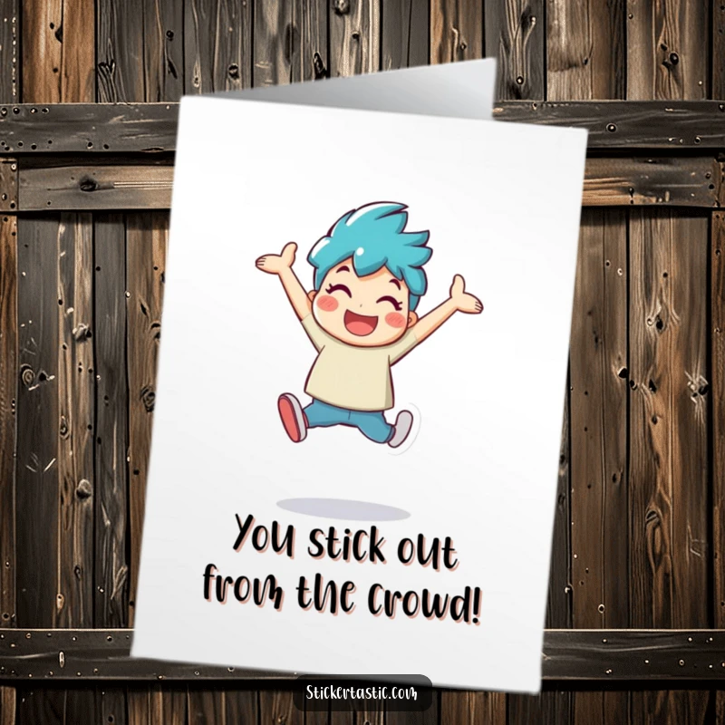 Funny Free Printable Thank You Card: A cheerful character leaps with a large, shiny sticker, expressing gratitude with energetic and heartfelt joy.