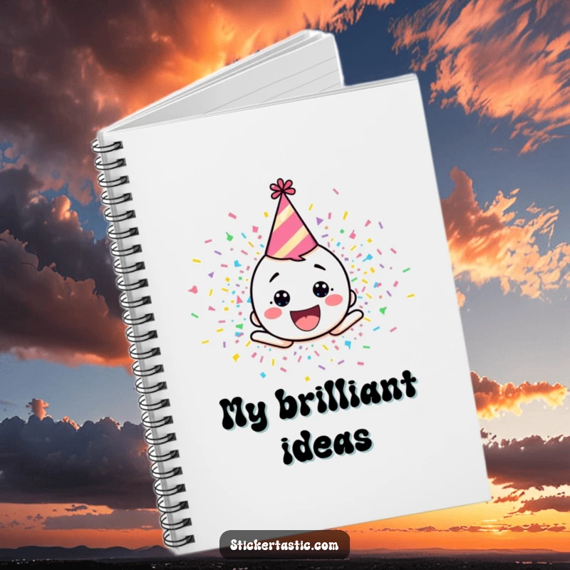 Funny notebook cover with a happy cartoon character in a party hat, exploding in colorful confetti, inspiring creativity.