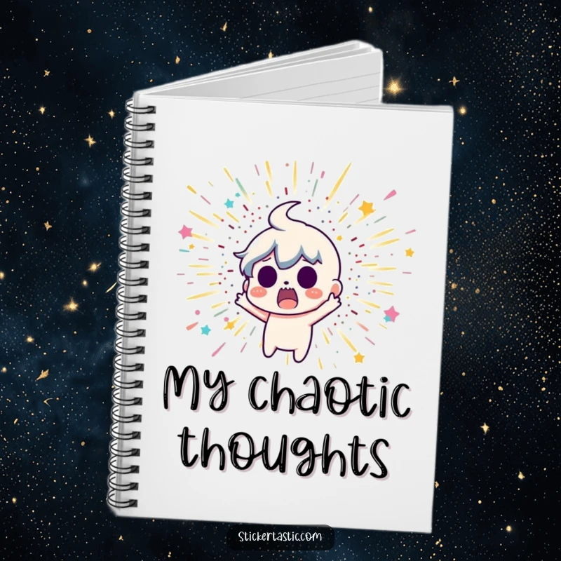 Funny notebook cover featuring a surprised cartoon character reacting to a glitter bomb explosion, inspiring creative chaos.