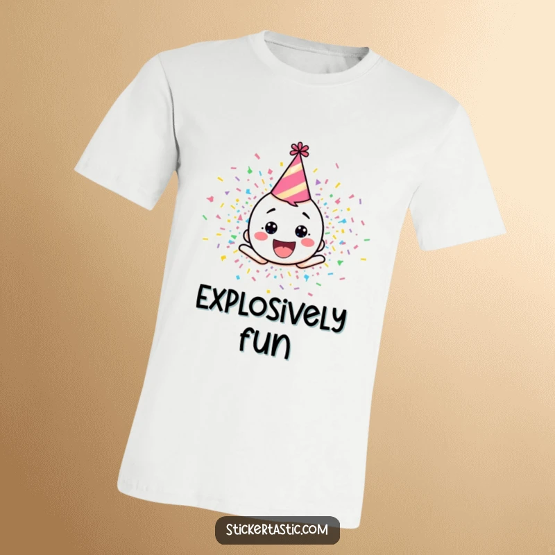 Funny t-shirt graphic of a happy cartoon character wearing a party hat, erupting in a spectacular explosion of colorful confetti.