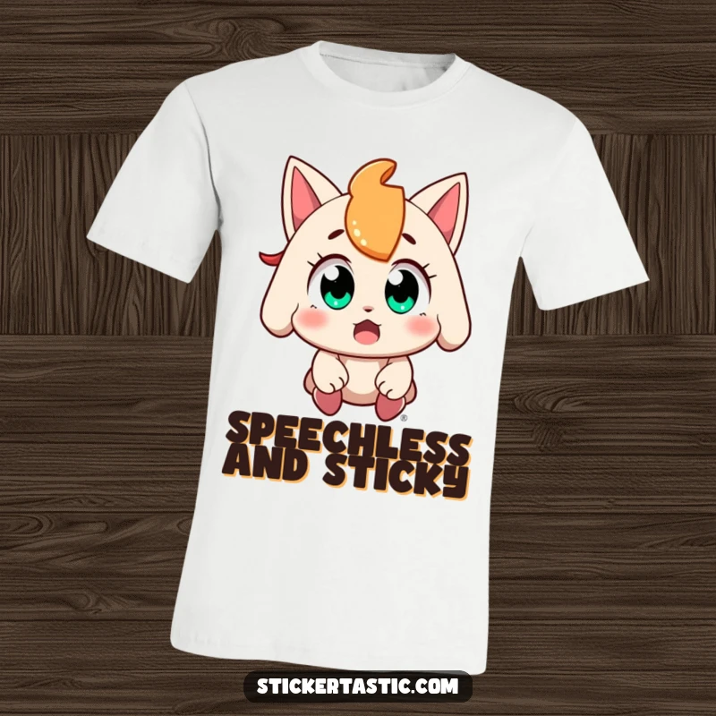 Funny character with wide, amazed eyes catching a falling sticker on a t-shirt, highlighting collecting passion, a great gift.
