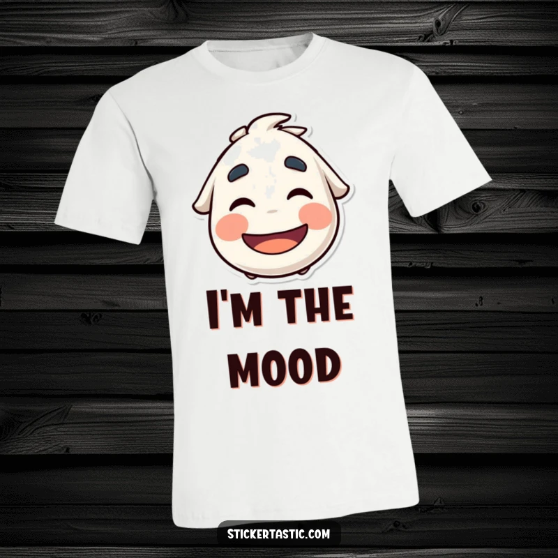 Funny T-Shirt: Playful character wiggling eyebrows beneath a cool sticker, representing a fun-loving and rebellious attitude.