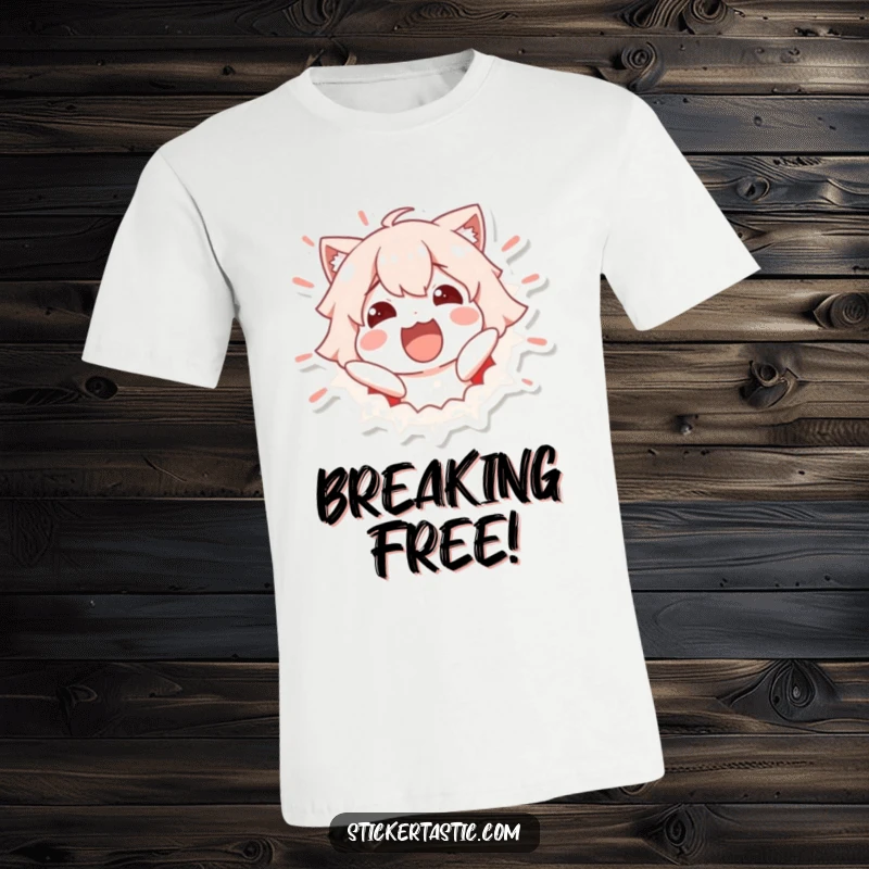 Funny T-Shirt: Excited character dramatically bursting out of a sticker, looking thrilled. Perfect funny gift.