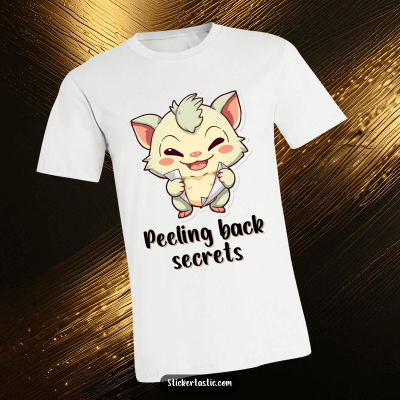 Funny creature with a sly grin caught in the act of peeling a sticker on a t-shirt, highlighting playful naughtiness.