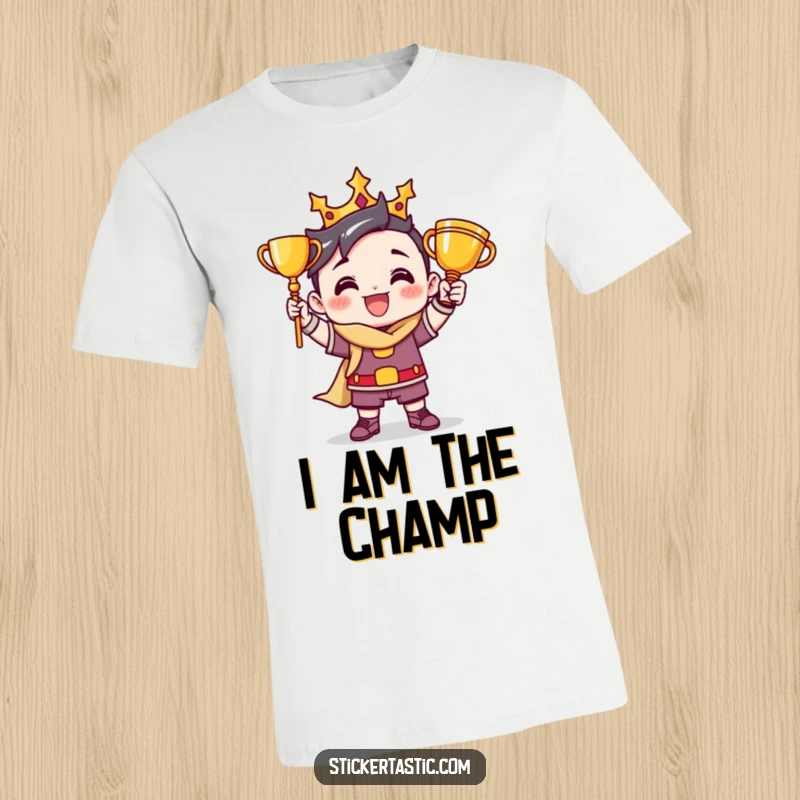 Funny t-shirt graphic of a proud cartoon character in a triumphant pose, holding a golden trophy high, symbolizing victory.