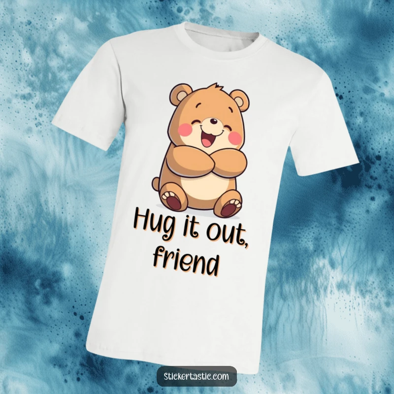 Funny t-shirt with a cheerful bear character delivering a massive, enthusiastic hug, radiating warmth and happiness, perfect for comfort lovers.