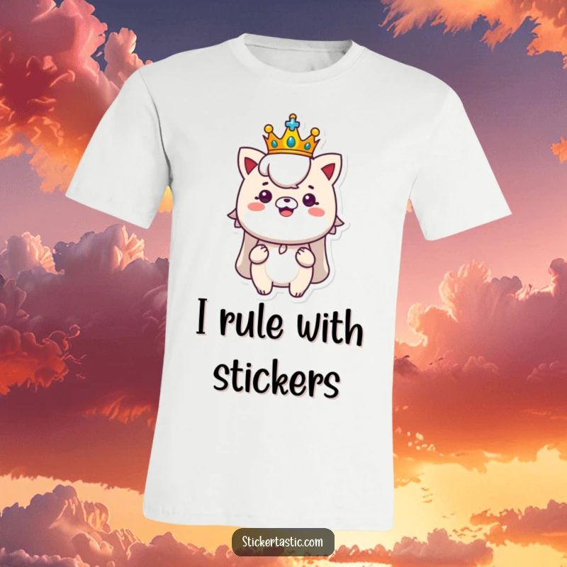 Funny royal sticker t-shirt with a character wearing a tiny crown proudly displaying a shiny new sticker, regal and humorous.