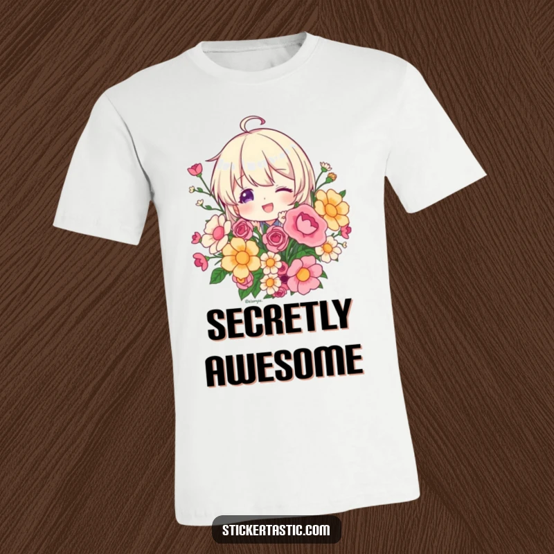 Funny character playfully peeking from behind a sticker bouquet on a t-shirt, highlighting curiosity and sticker passion, a great gift.