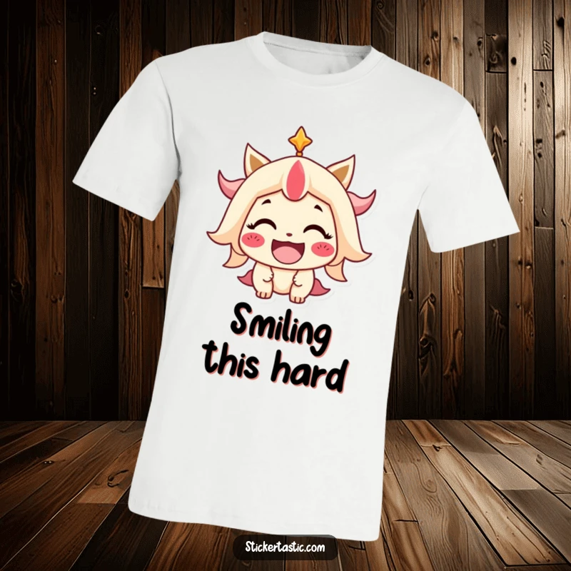 Funny T-Shirt featuring a stylized character with an exaggerated, wide beaming smile, conveying infectious joy and playful energy.