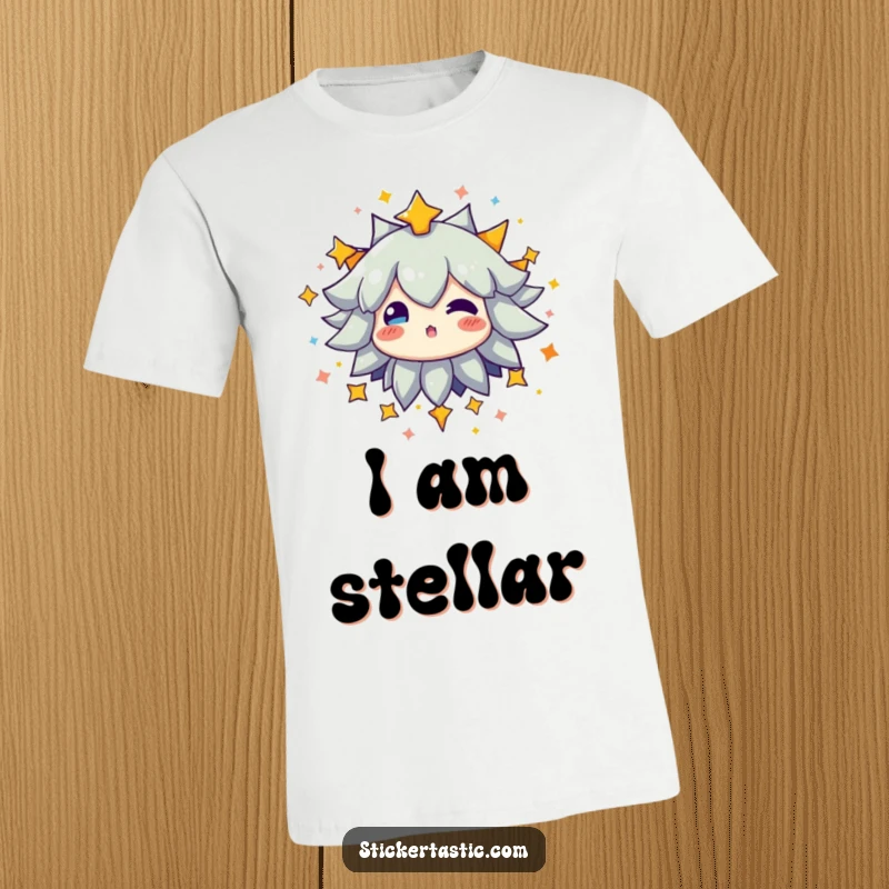 Funny t-shirt showing a character bursting with a vibrant shower of colorful stars, creating a luminous effect.