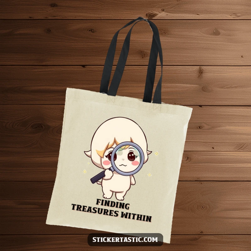 Funny tote bag showing a curious character magnifying a sparkle, perfect for carrying your investigative tools.
