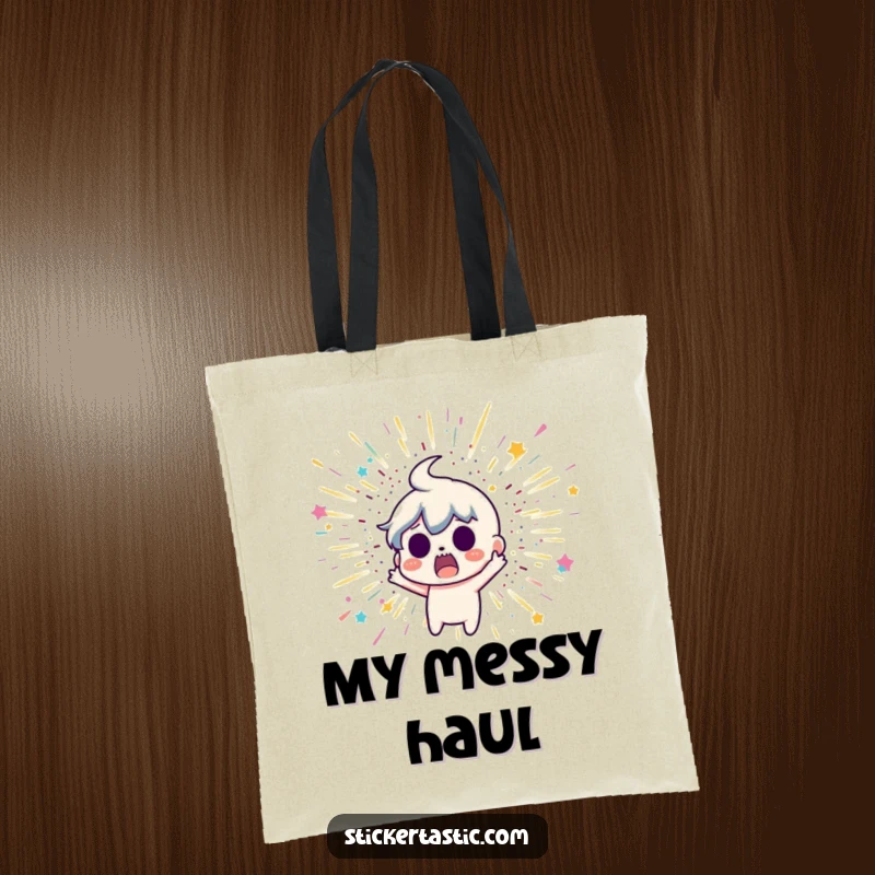 Funny tote bag depicting a surprised cartoon character reacting to a sudden, dazzling glitter bomb explosion, perfect for errands.
