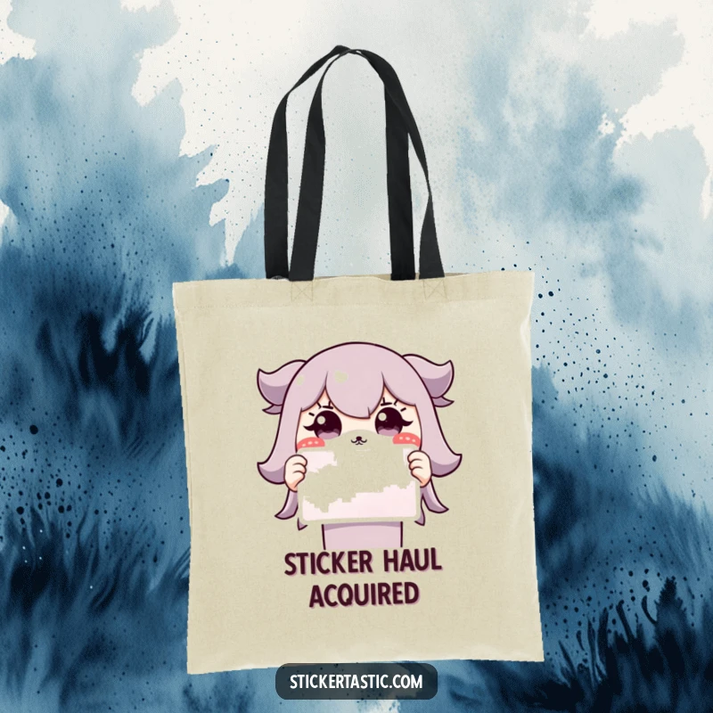 Funny Grinning Character Tote Bag: A cute character with a surprised grin holds up a sticker, ready for fun outings.