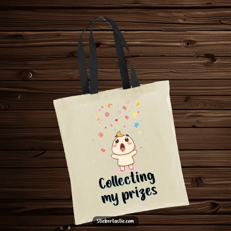 Funny tote bag featuring a surprised character under a shower of stickers, perfect for stylish, humorous storage.